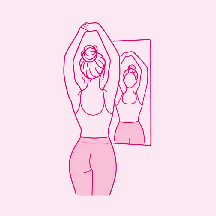 Ilustração: mulher de costas diante do espelho, com os braços erguidos acima da cabeça