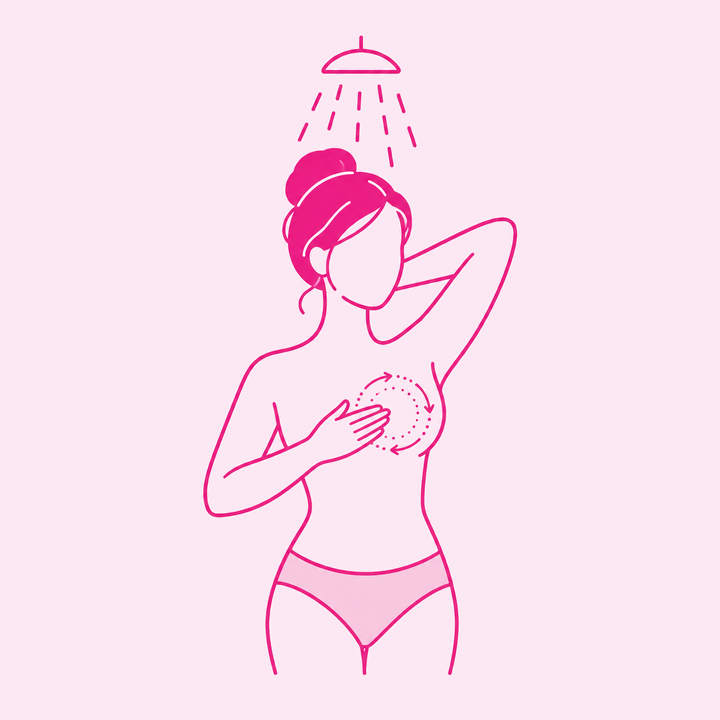 Ilustração: mulher no banho, com um braço atrás da cabeça, apalpando a mama em movimentos circulares