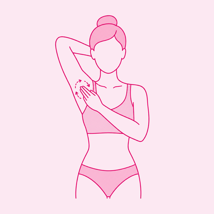 Ilustração: mulher com o braço direito erguido e a mão atrás da nuca, apalpando a axila direita com a outra mão em movimentos circulares
