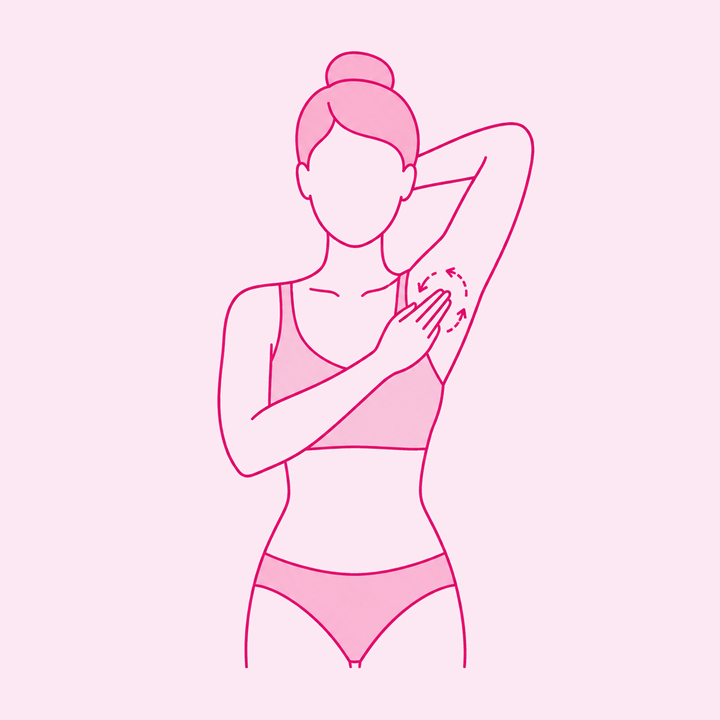 Ilustração: mulher com o braço esquerdo erguido e a mão atrás da nuca, apalpando a axila esquerda com a outra mão em movimentos circulares